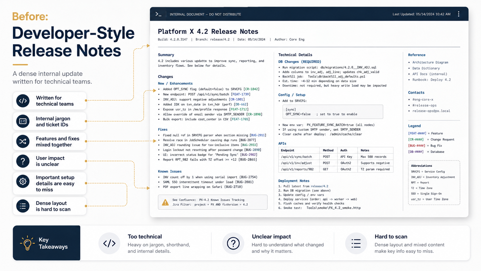 Conceptual developer-style release notes containing technical jargon, internal issue IDs, dense content, and buried setup details.